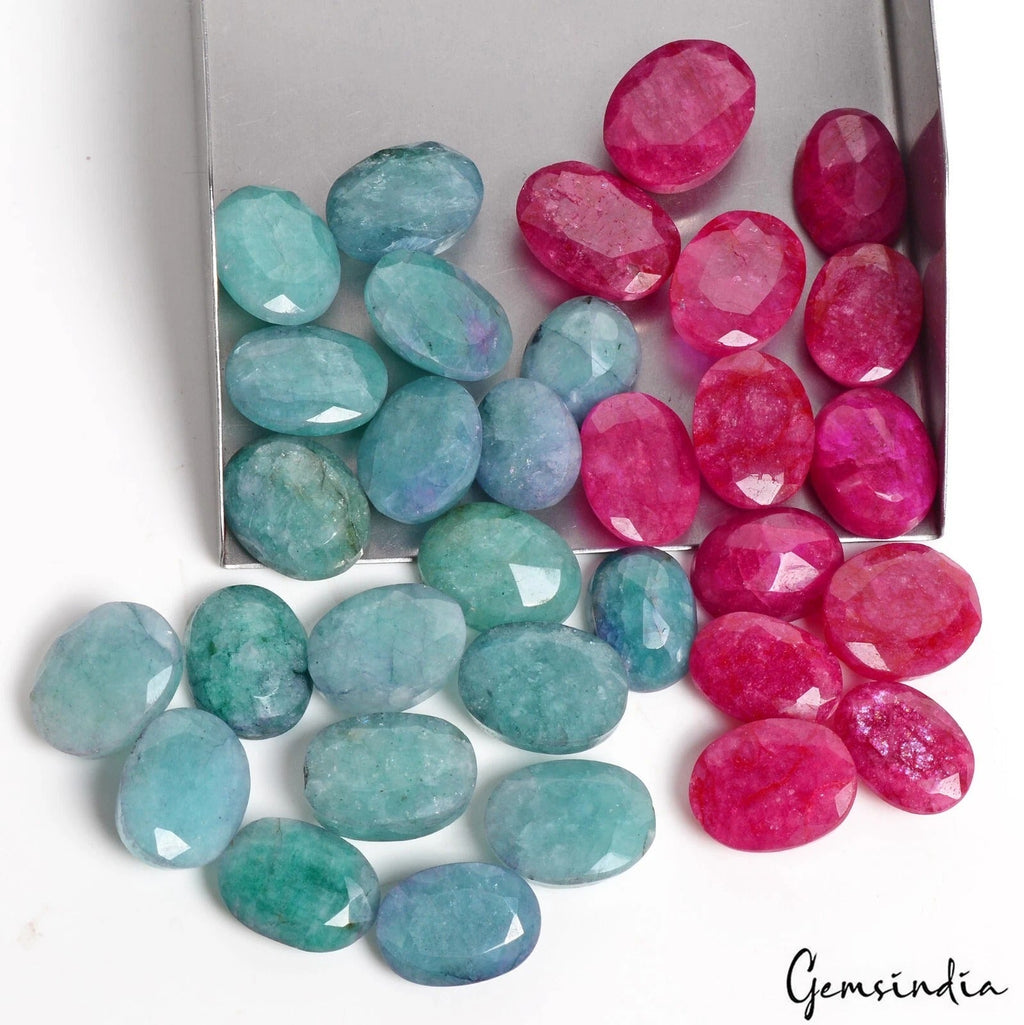 300 Cts/28 Pcs Natural Pink Beryl/Green Emerald Oval Cut Loose Gems For Jewelry