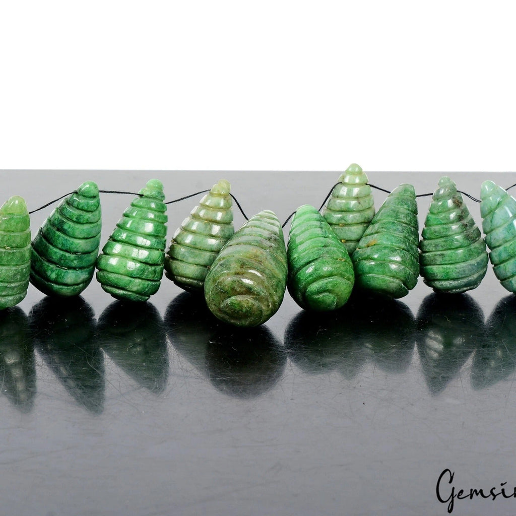 500 Ct/10 Pcs Natural Green Emerald Pear Carved Drill Bead Briolettes Loose Gems