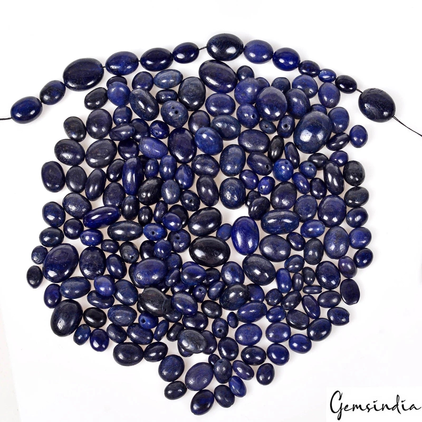 750 Ct/210 Pcs Natural Blue Sapphire Oval Cab Drill Beads Loose Gems For Jewelry