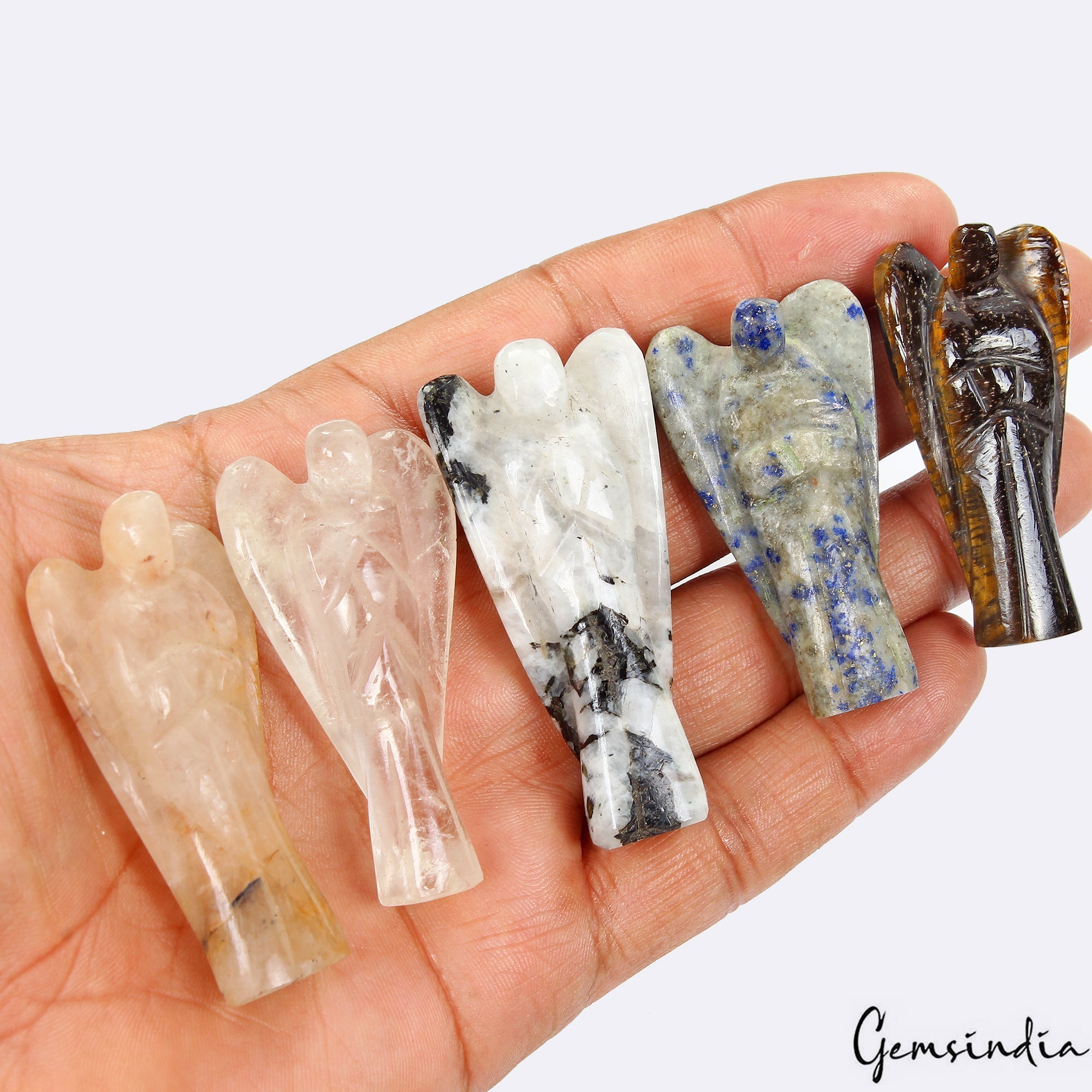 480 Cts/5 Pcs Natural Multi Gemstones Carved Pocket Good Luck Angel/Figurine