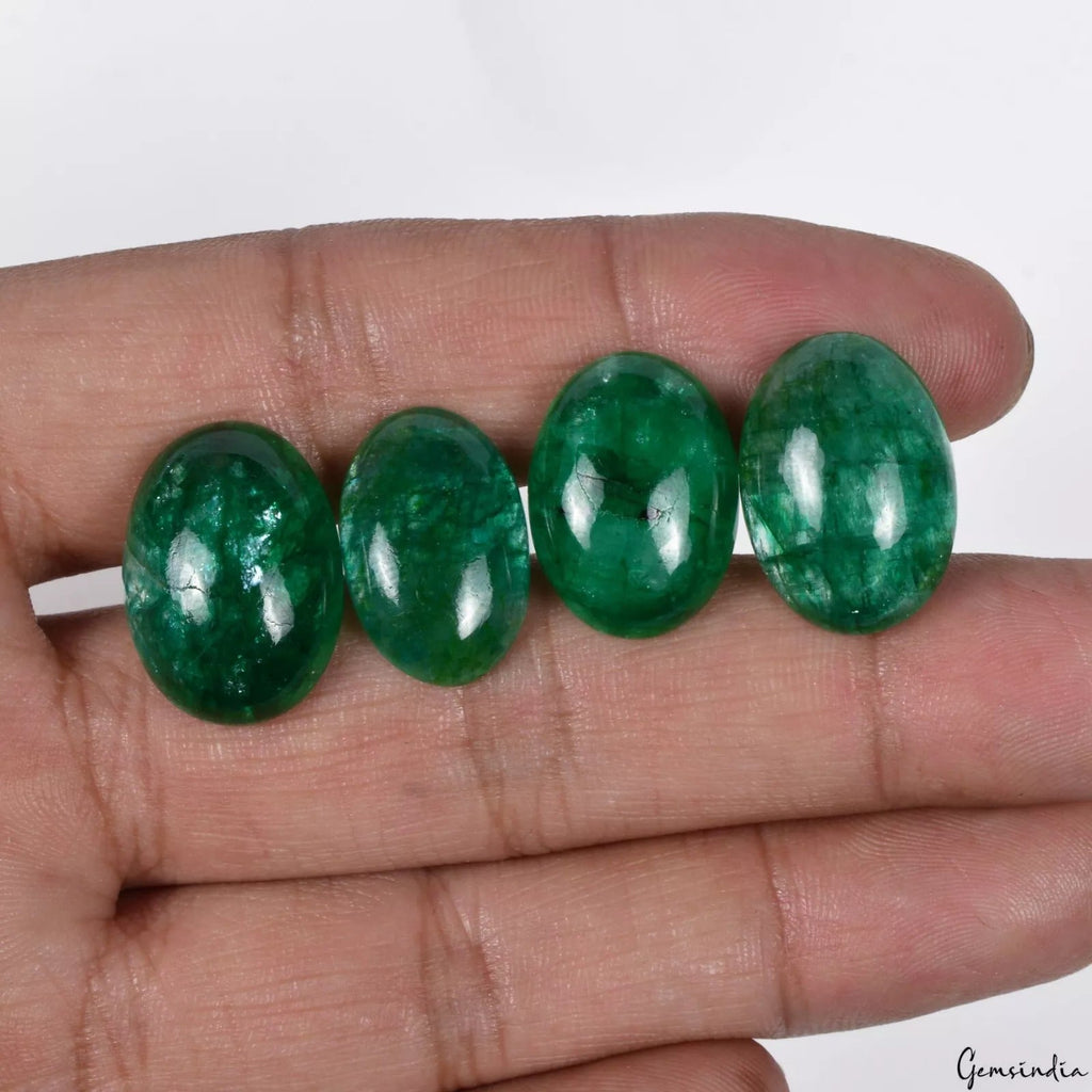 Certified 57.10 Ct/4 Pcs Natural Zambian Green Emerald Oval Cab Translucent Gems