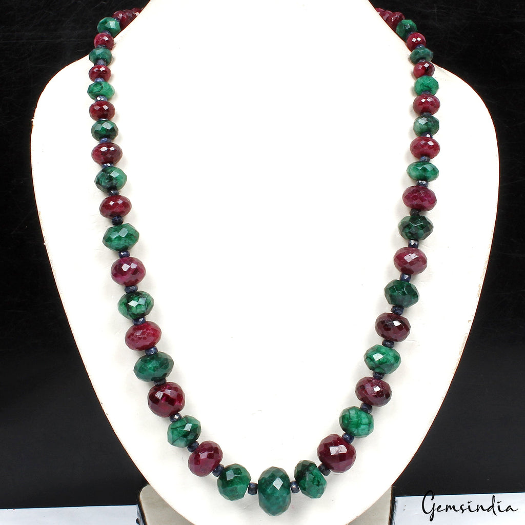 Natural Multi Ruby Emerald Sapphire Gems Round Cut Beads Necklace 19 Inch