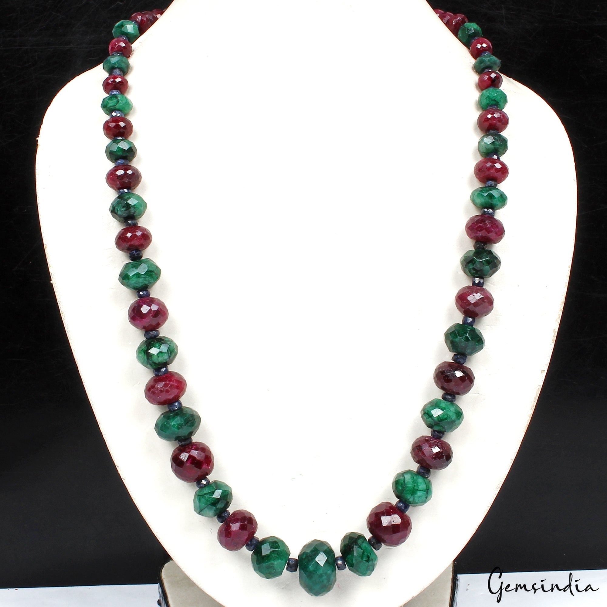 Natural Multi Ruby Emerald Sapphire Gems Round Cut Beads Necklace 19 Inch