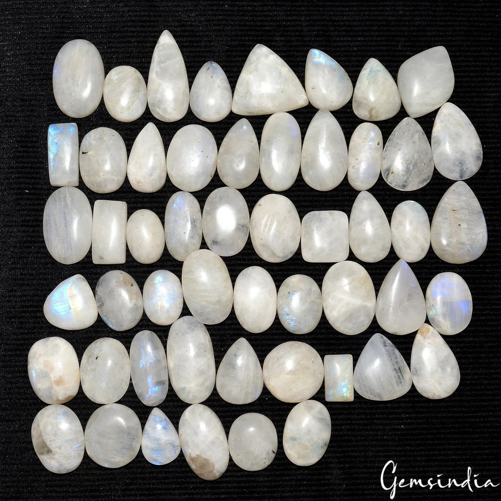 1050 Cts/52 Pcs Natural Untreated Blue Shine Moonstone Mixed Cab Loose Gems Lot
