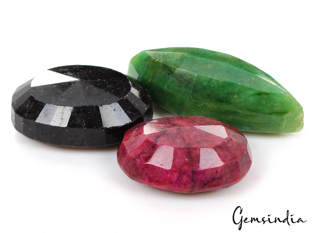 1300 Ct 3 Pcs Natural Multi Color Emerald Ruby Sapphire Mixed Cut Loose Gem Lot
