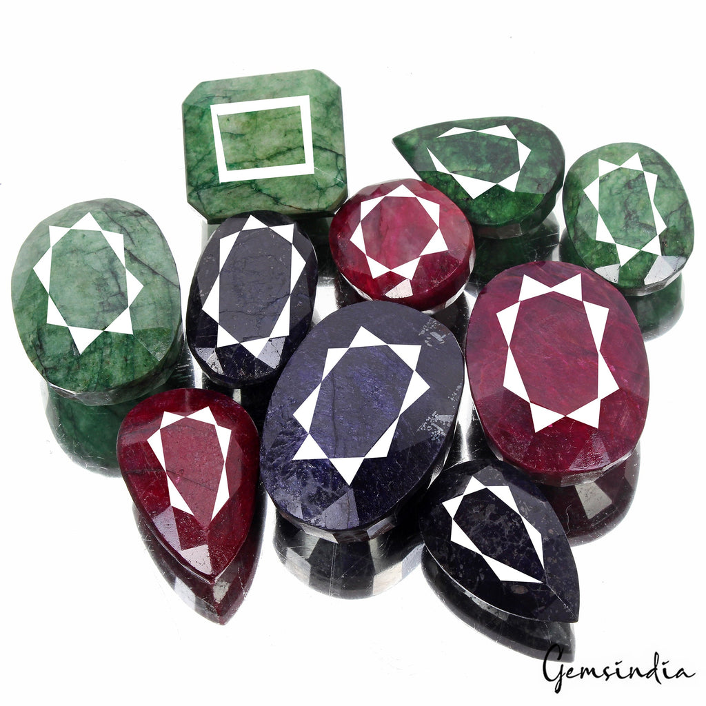 Natural 5000 Ct/10 Pcs Ruby Emerald & Sapphire Mix Shape Loose Gemstones 48-70mm