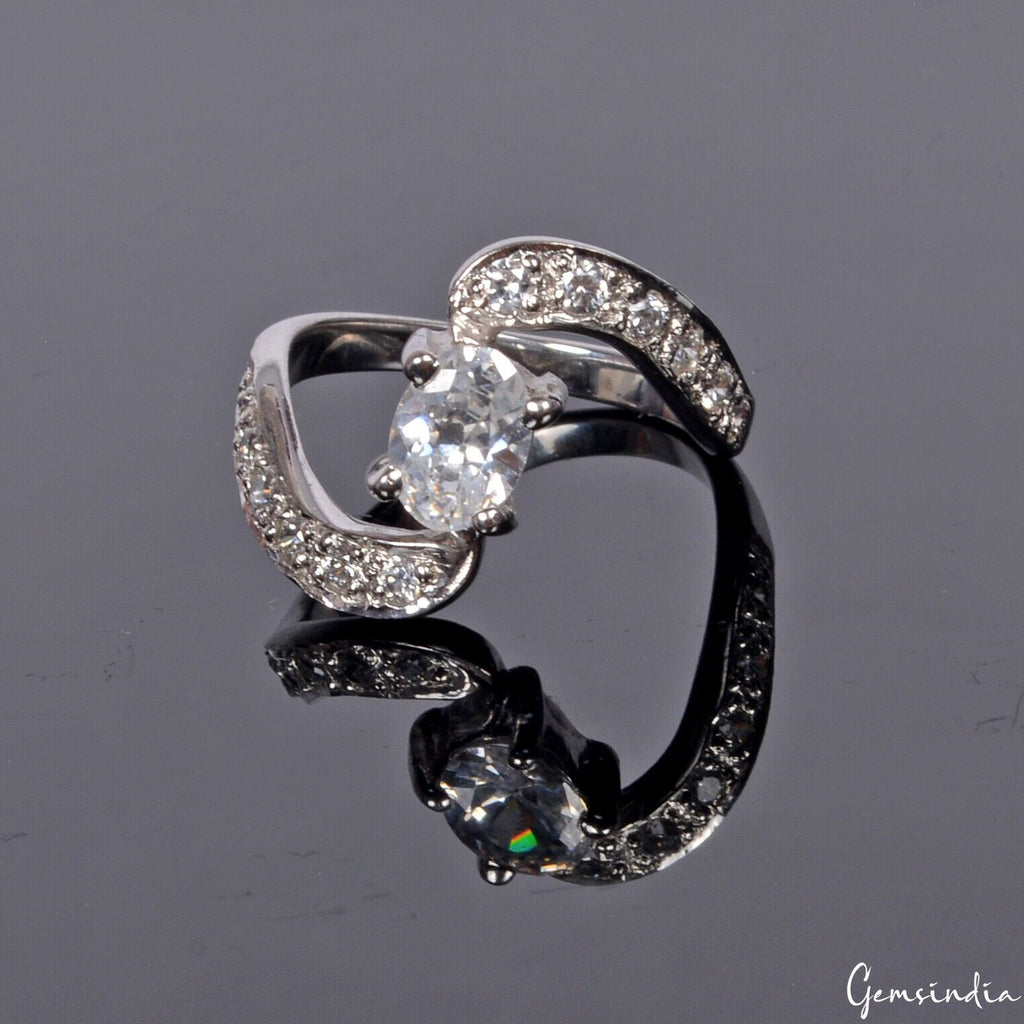 925 Sterling Silver Solitaire White Zircon Designer Handmade Ring- Size 6 US
