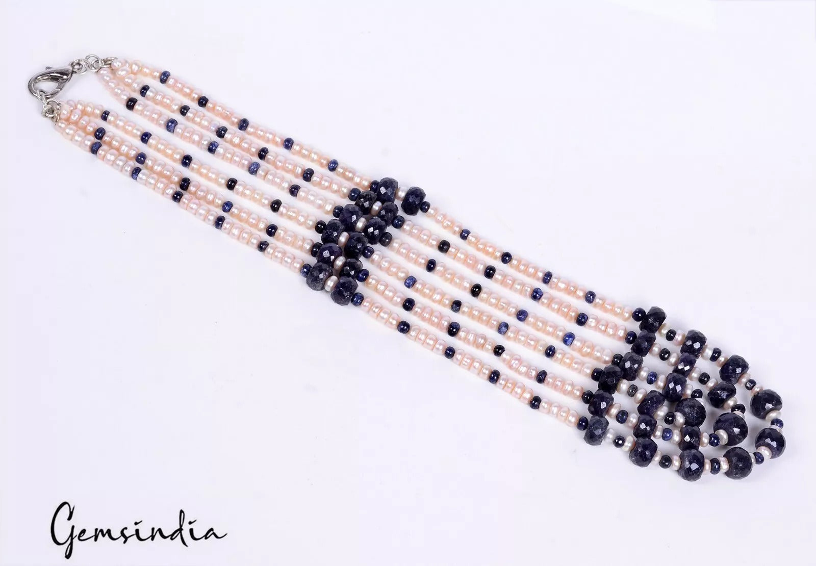 530 Ct Natural Blue Sapphire & Peach Pearl Beaded Handmade 3 Strand Necklace 22"