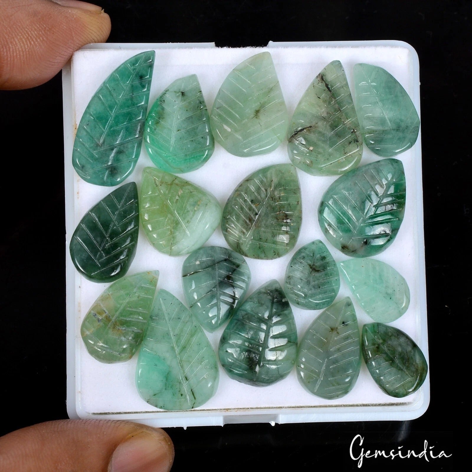 Certified 85.70 Cts/17 Pcs Natural Untreated Green Emerald Leaf Hand Carved Gems
