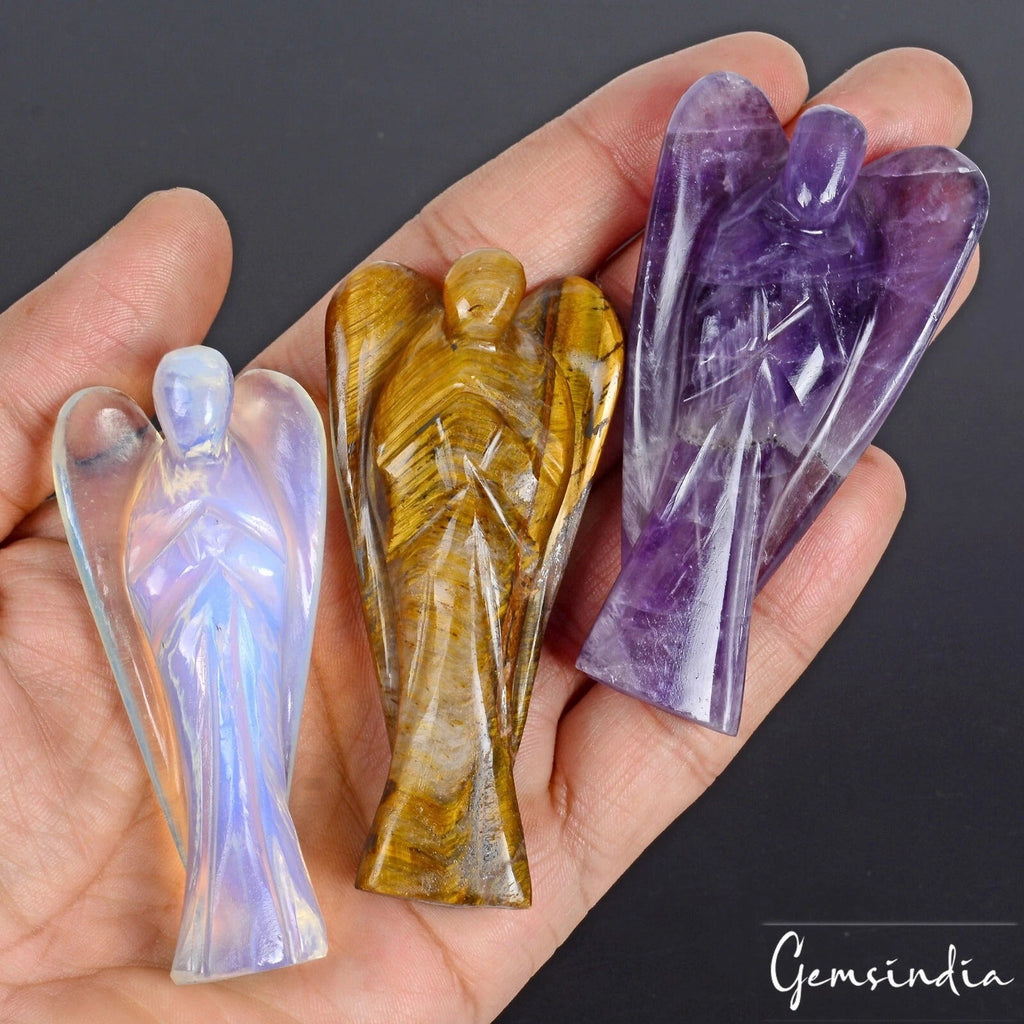 860 Cts/3 Pcs Multi Gems Mini Carved Angel Pocket Size Crystal Healing Statue