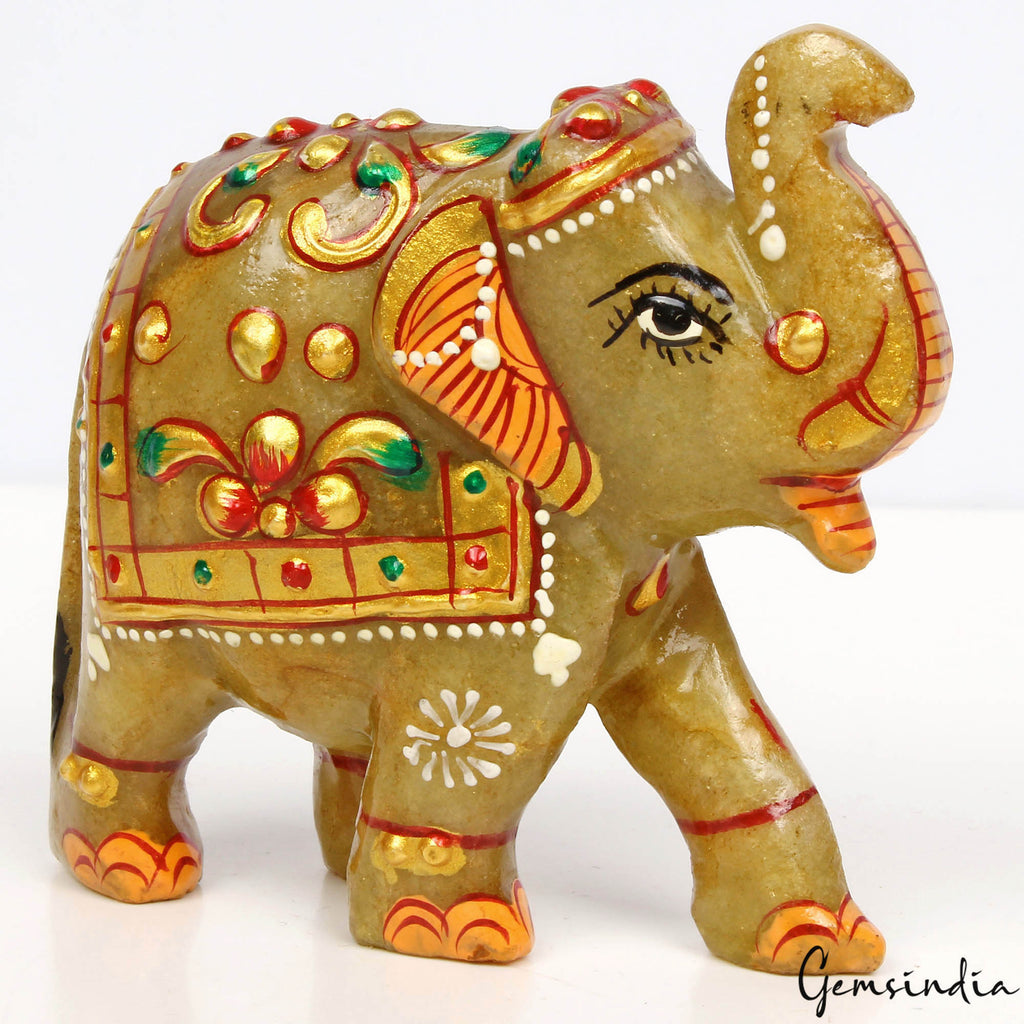 740 Cts Natural Aventurine Hand Crafted Gold Painted Elephant Sculpture/ Statue