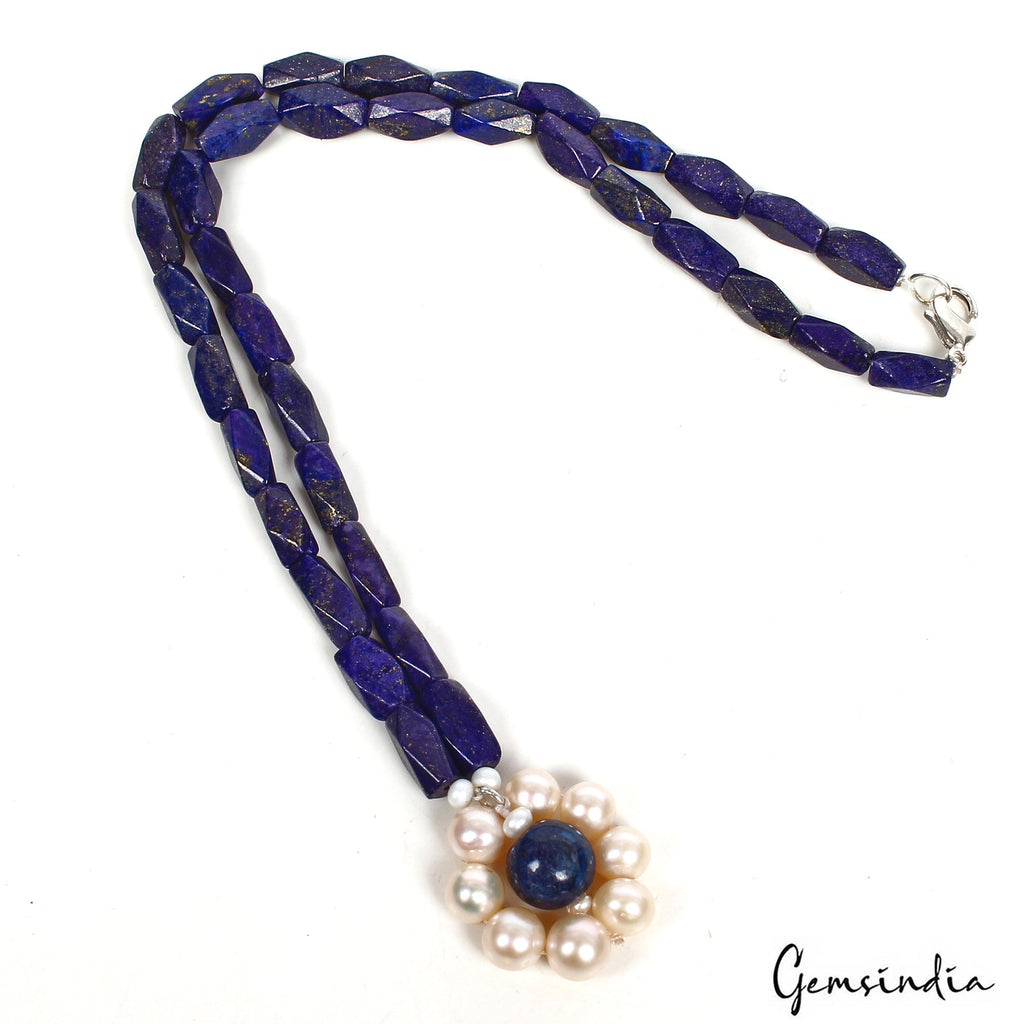 200 CtS Natural Blue Lapis Lazuli Fresh Water Pearl Beaded Handmade Necklace 18"