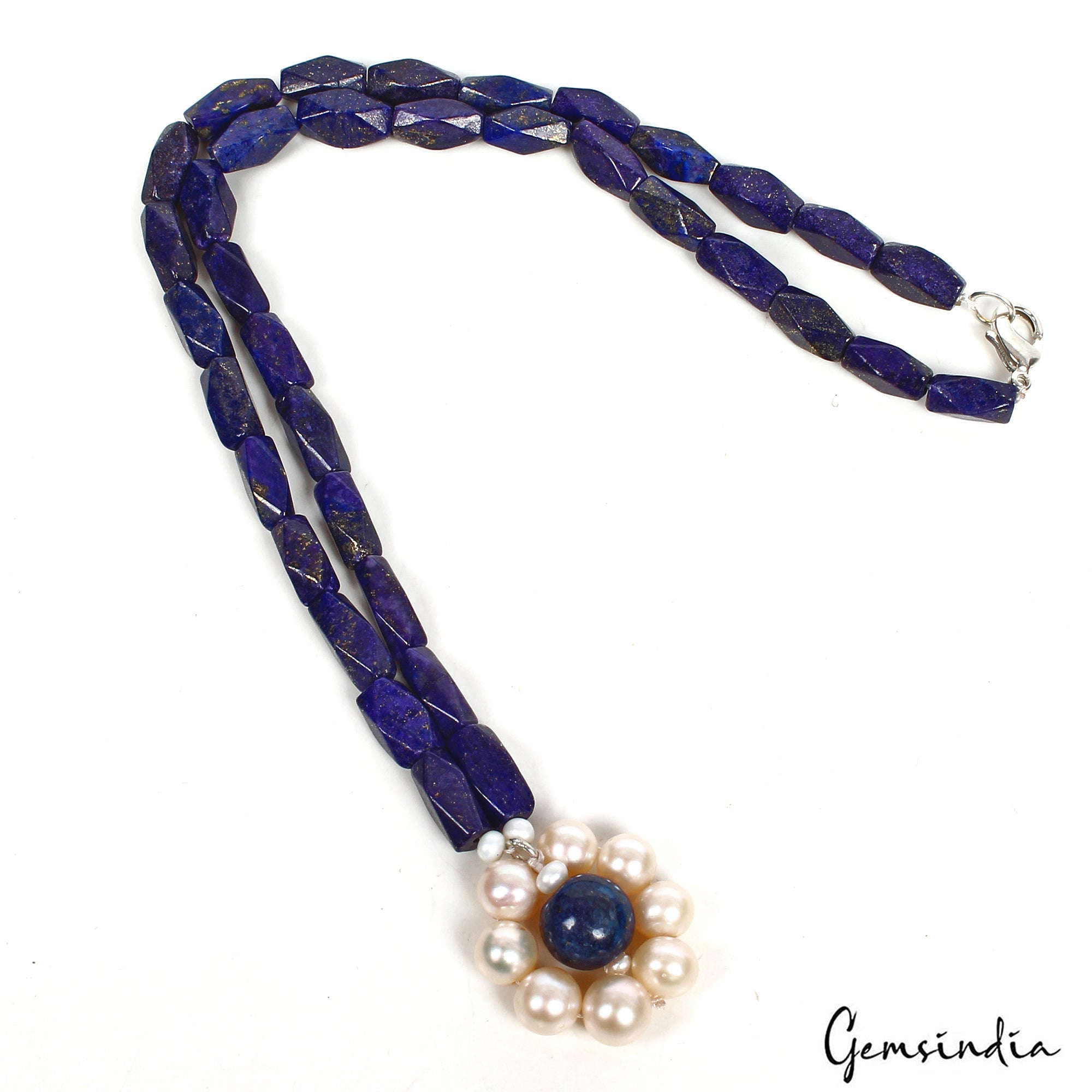 200 CtS Natural Blue Lapis Lazuli Fresh Water Pearl Beaded Handmade Necklace 18"