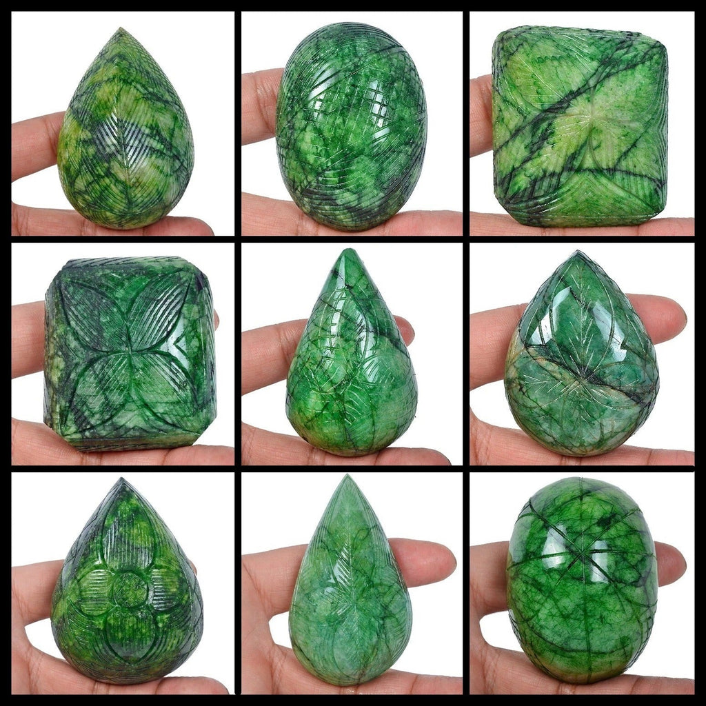 6740 Ct Natural Green Emerald Hand Carved Loose Brazilian Mix Shape Gems Lot 9Pc