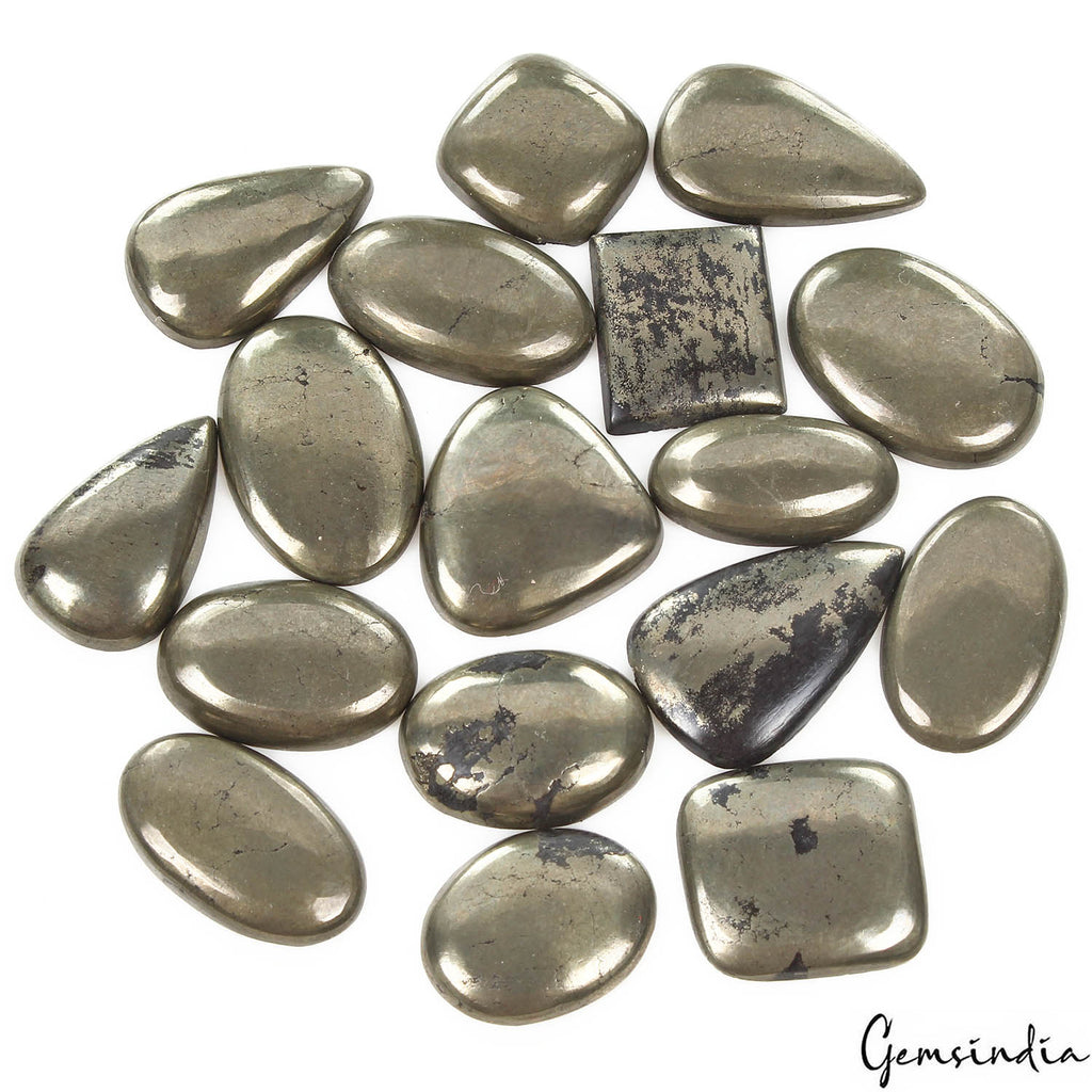 Pyrite Lot, Cabochon, Untreated, Gold — 17 Pieces, 16mm to 26mm, 350 Ct