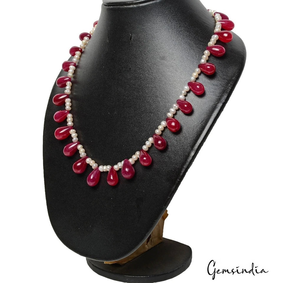 340 Ct Natural Pearl & Red Quartz Beads Handmade Necklace Jewelry for Women 19"
