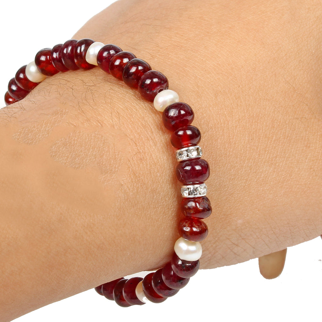 Natural Hessonite Garnet & Pearl Rondelle Beads Stretchable Bracelet Jewelry6.5"