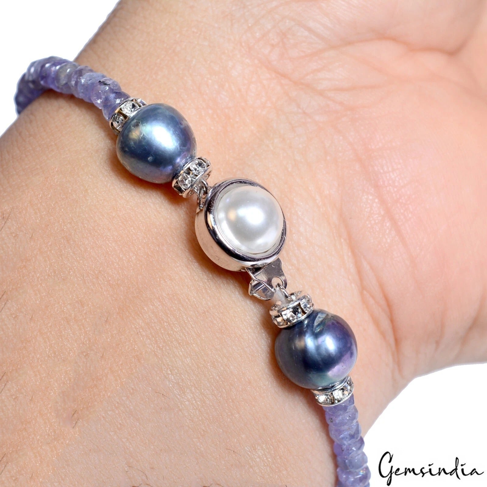 54.85Ct Natural Untreated Blue Tanzanite Pearl Round Beaded Handmade Bracelet 8