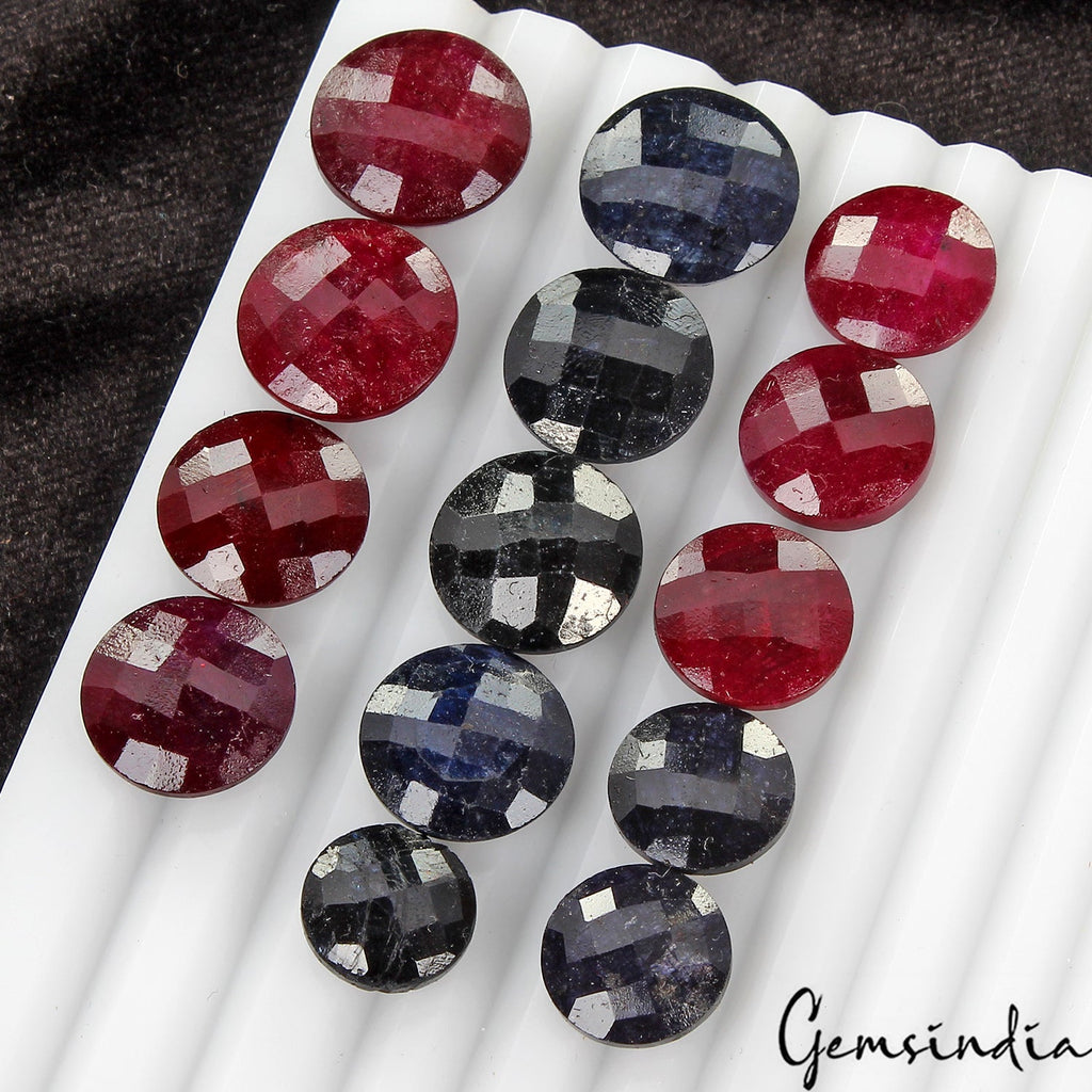 14 Pcs Natural Ruby Sapphire Round Checker Cut 12-16mm Loose Gemstones~ 179.30Ct