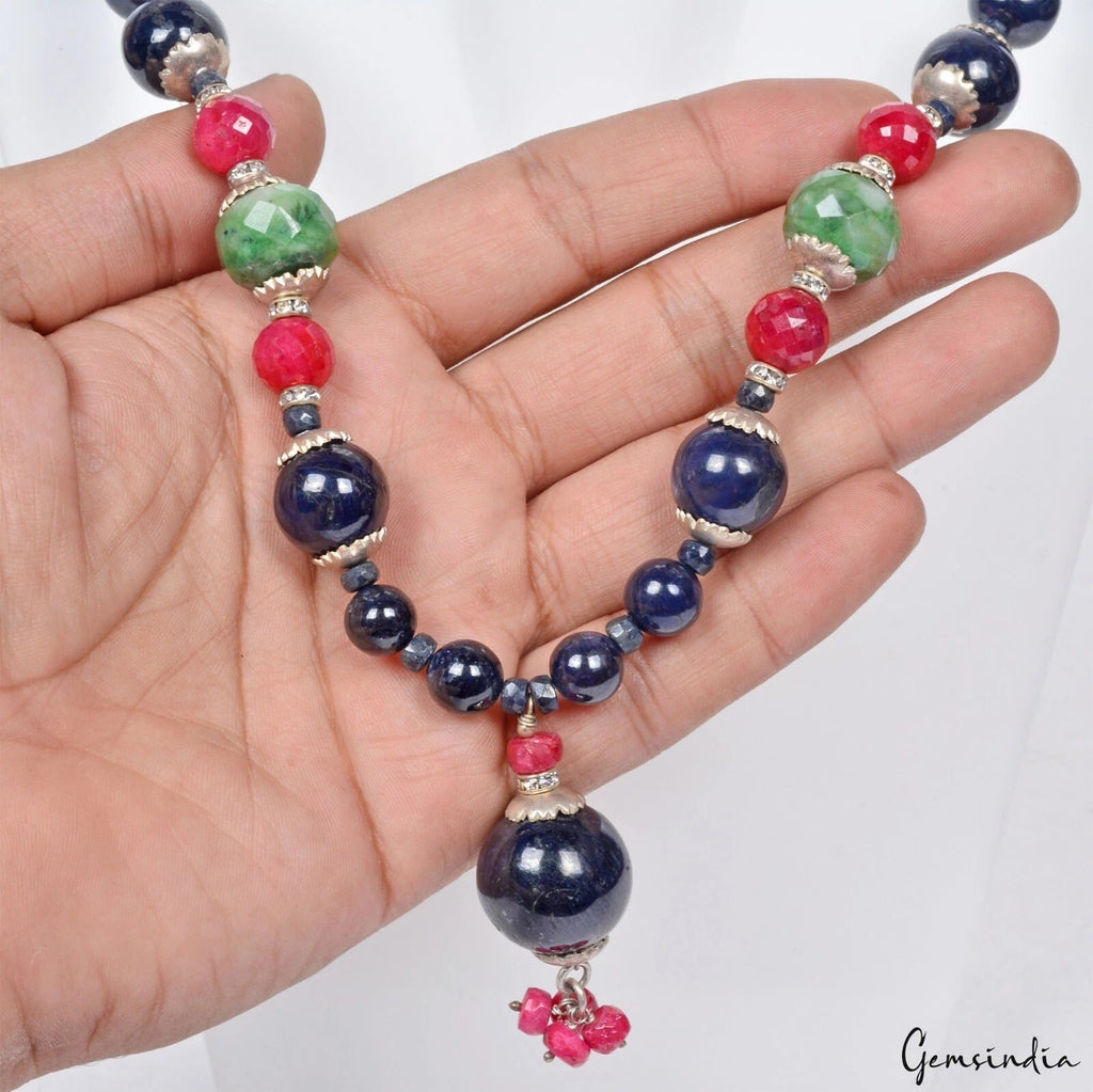 735 Cts Natural Multi Color Gems Round Cab Beaded Handmade Designer Necklace 26"