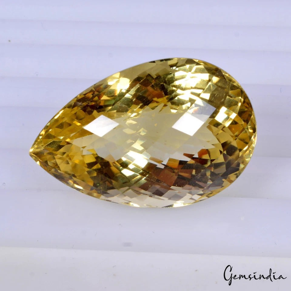 A+ 79.45 Ct Large Yellow Color Citrine Pear Checker Cut Certified Loose Gemstone