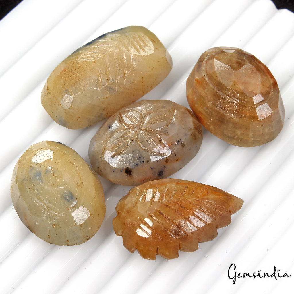 Sapphire Carving, Untreated, Yellow — 5 Pieces, 28mm to 34mm, 370 Ct, Madagascar