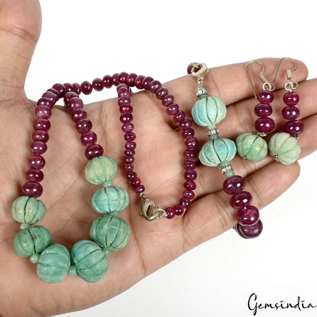 583 Cts Natural Red Ruby Green Emerald Round Beaded Handmade 3 Piece Jewelry Set