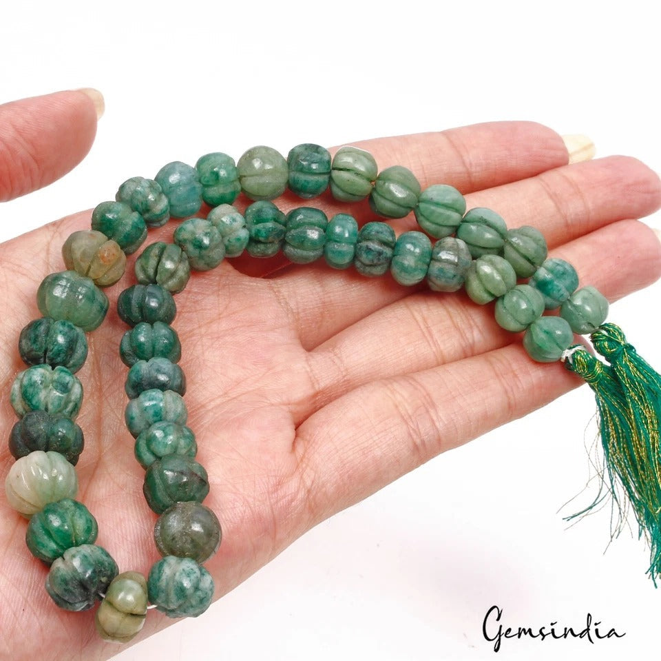 210 Ct Natural Green Emerald Round Drilled Pumpkin Carved Bead Gems Strand 12"