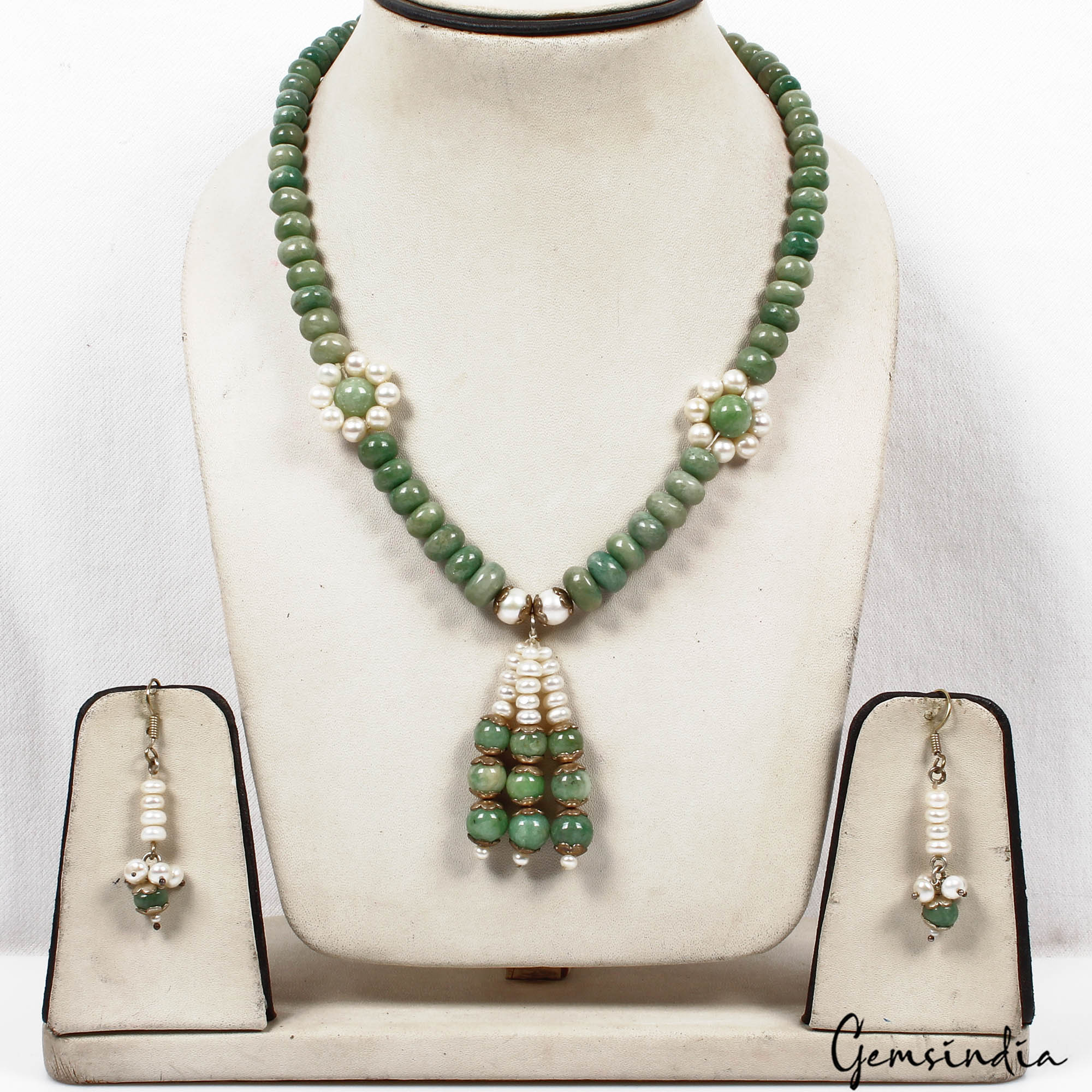 433 Cts Natural Green Emerald Freshwater Pearl Round Beaded Handmade Jewelry Set