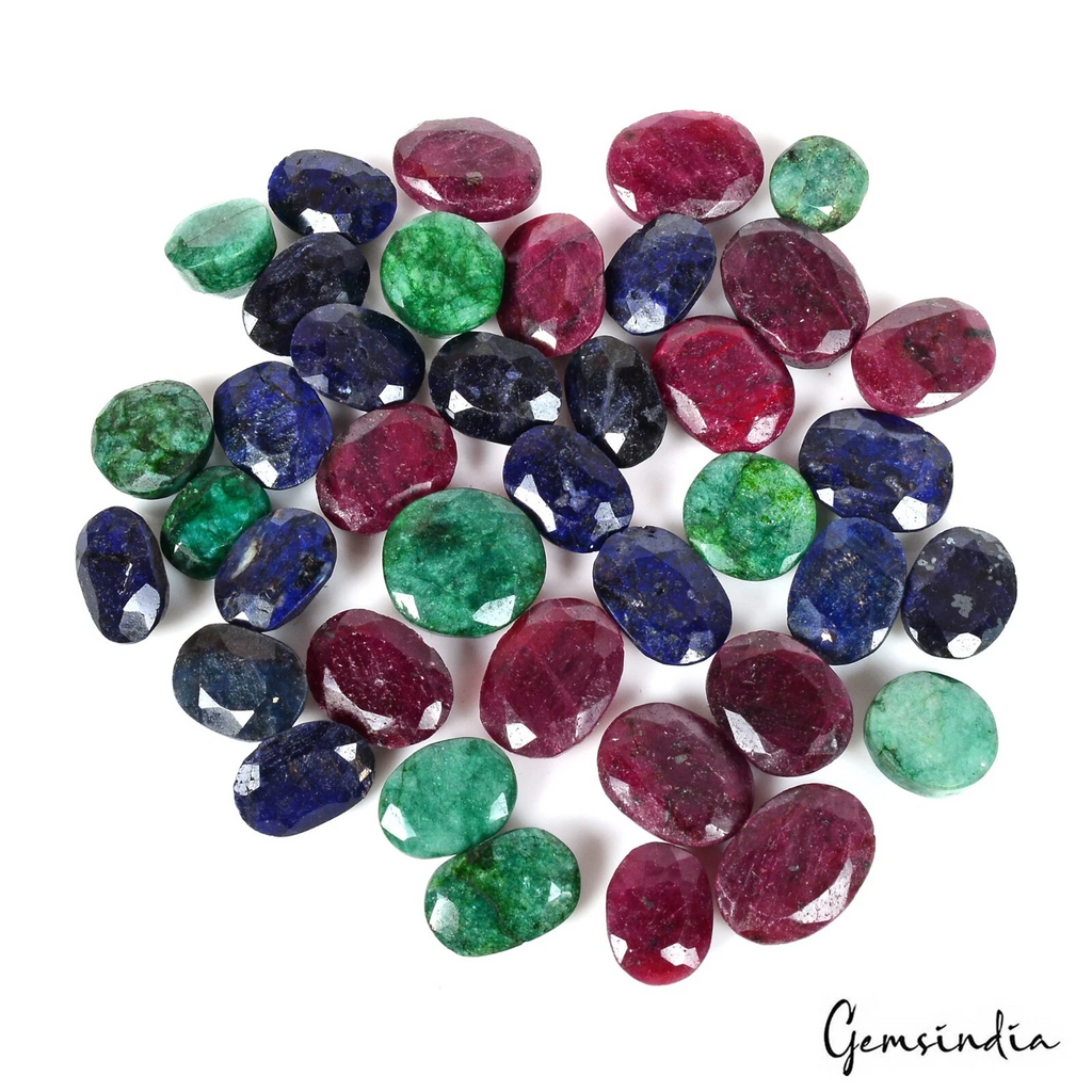 440 Ct 13 Pcs Natural Red Ruby Green Emerald Blue Sapphire All Oval Loose Gems