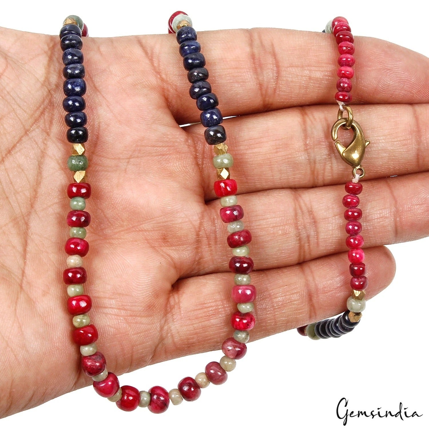 Handmade 22" Long Natural Sapphire Ruby Emerald Round Beaded Necklace for Women