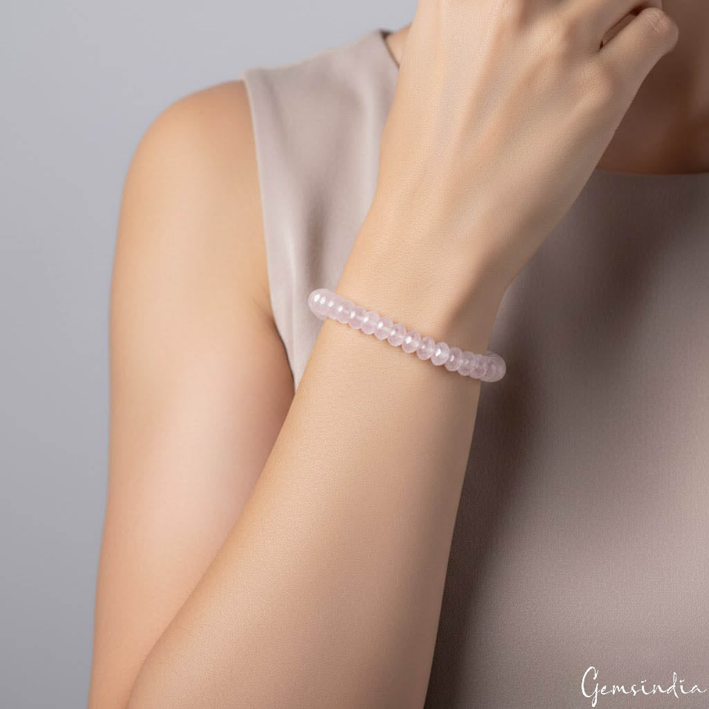 72.50 Cts Natural Pink Rose Quartz Gems Beaded Handmade Stretch Bracelet 7Inches