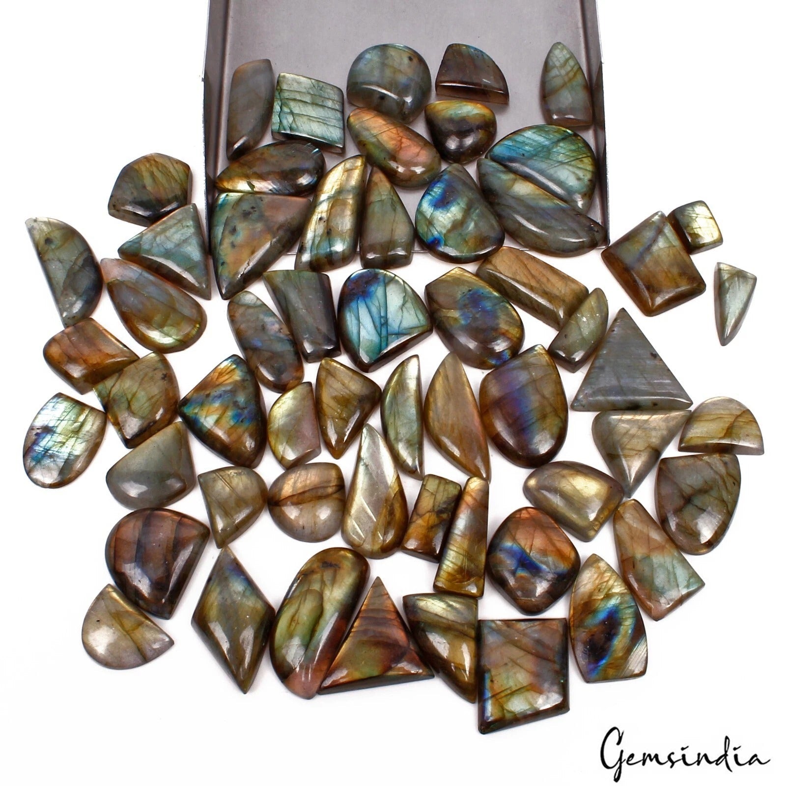 870 Ct/57 Pcs Natural Untreated Multi Shine Labradorite Mixed Cab Wholesale Gems