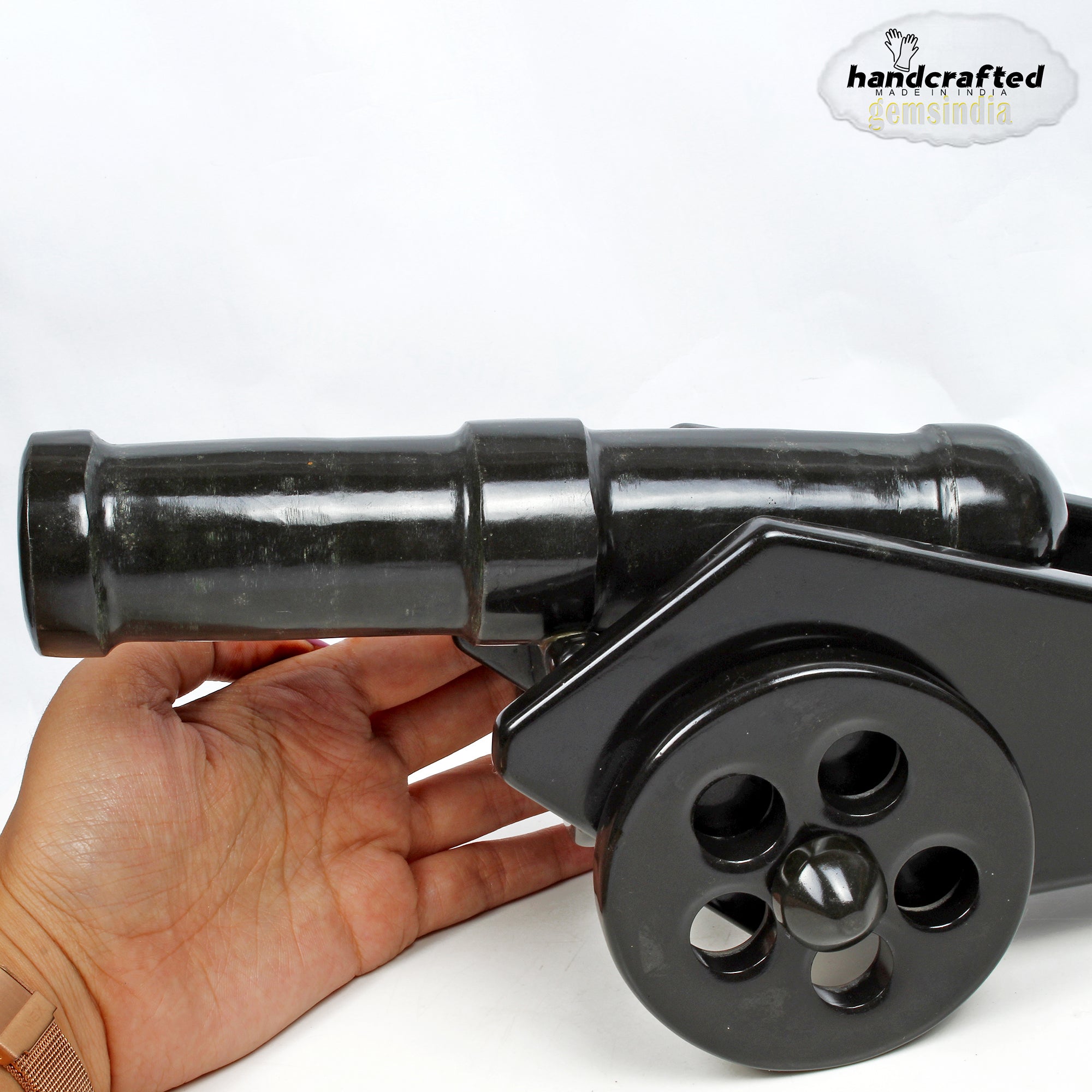 gemsindia Hand Carved Black Agate Carved Cannon with wheel play all stone joints