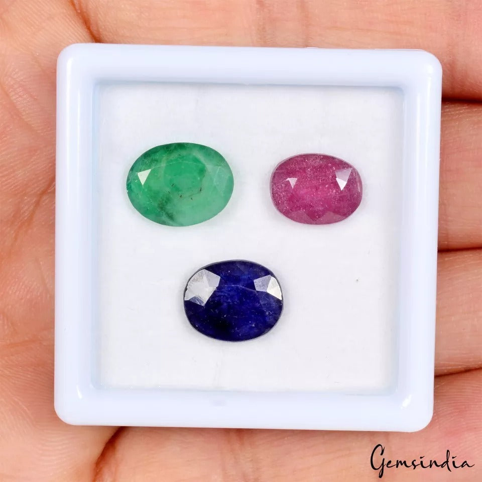 Certified 12 Ct/3 Pcs Natural Red Ruby Green Emerald Blue Sapphire Oval Cut Gems