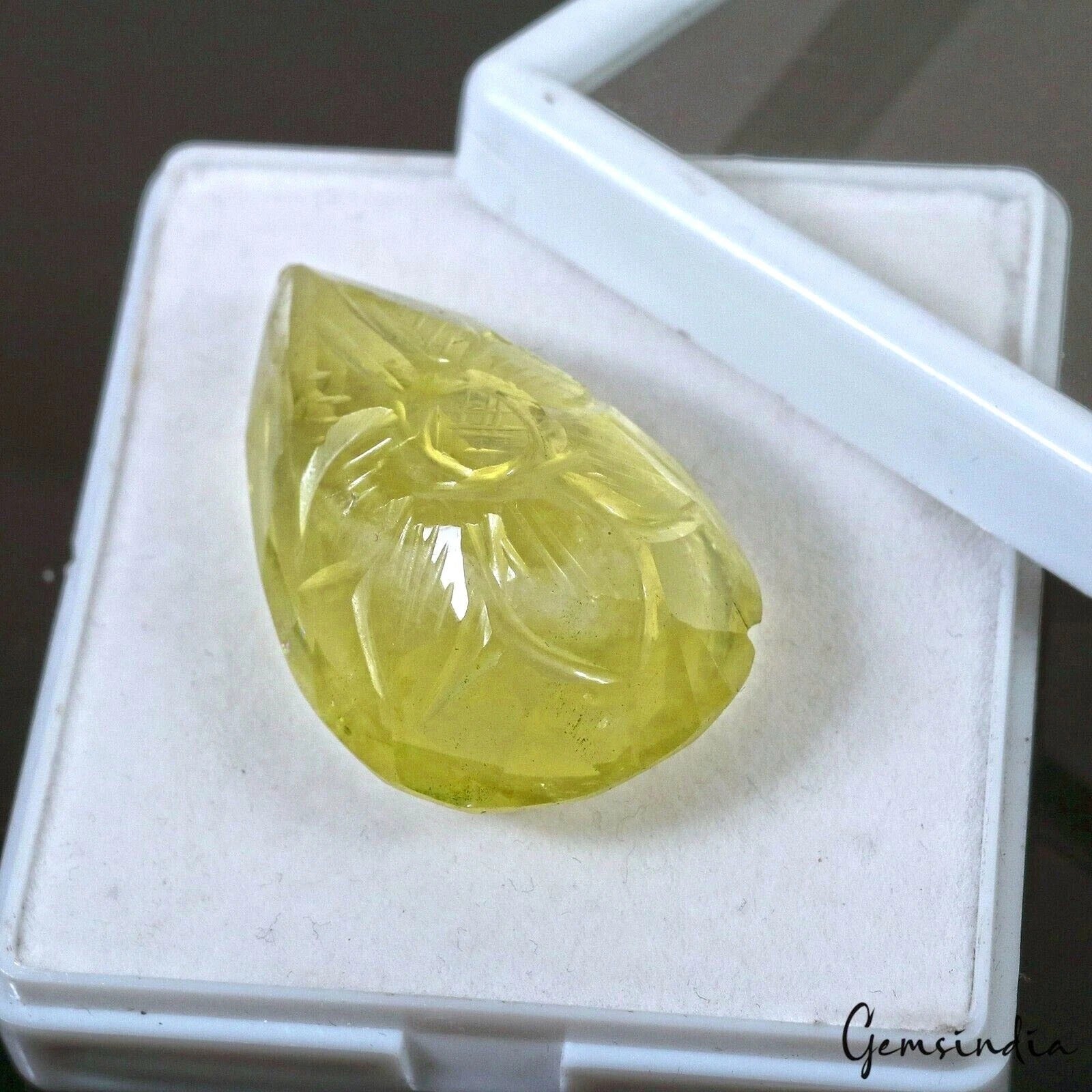 120 Cts Natural Lemon Citrine Quartz Pear Cut Hand Carved Loose Pendant Size Gem