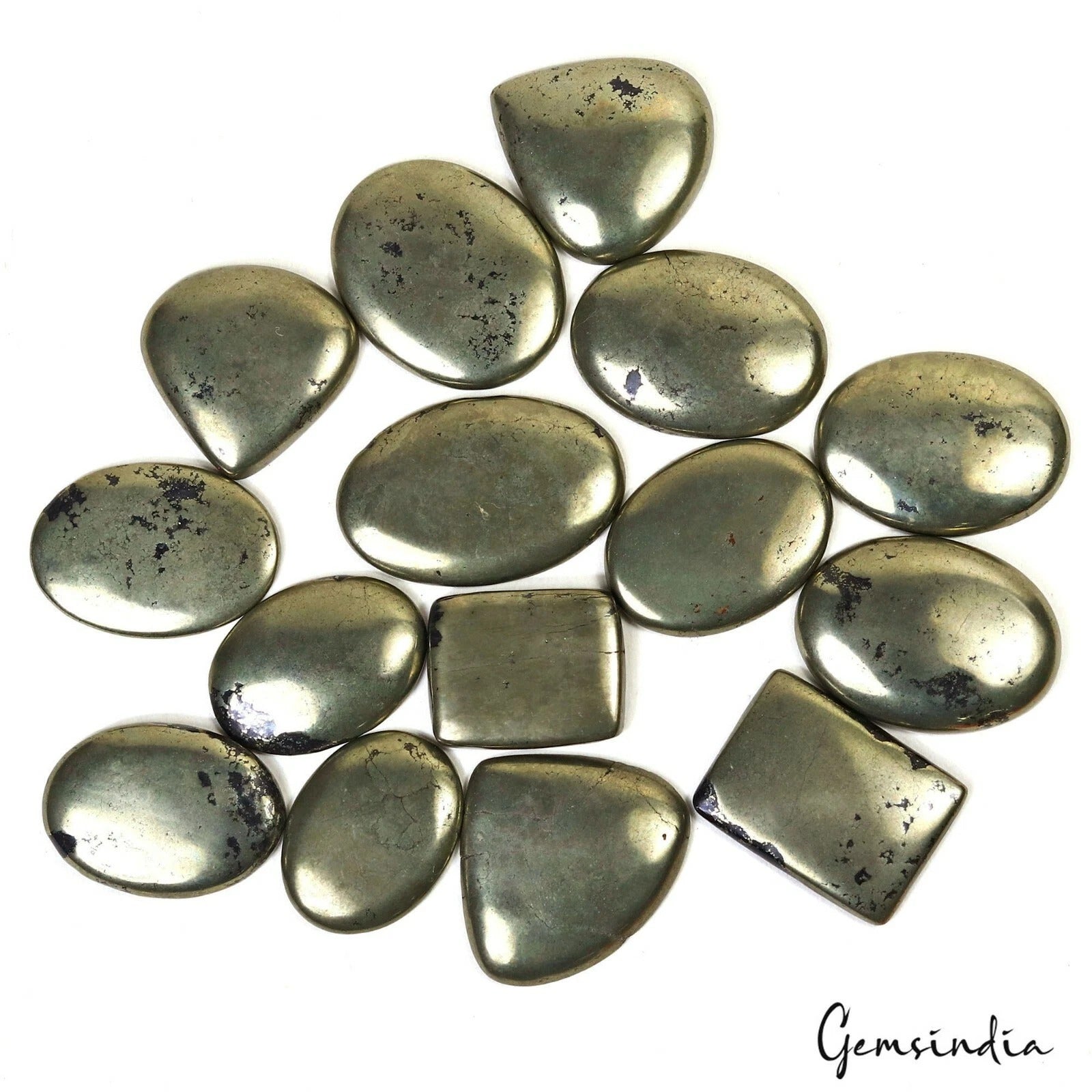 Pyrite Lot, Cabochon, Oval, Pear, Rectangular Cabochon, Untreated — 15 Pieces, 28mm to 42mm, 1100 Ct