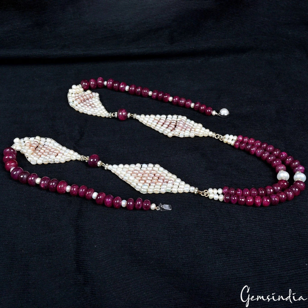 870 Cts Natural Red Ruby & Pearl Round Cab Beaded Handmade Designer 34" Necklace