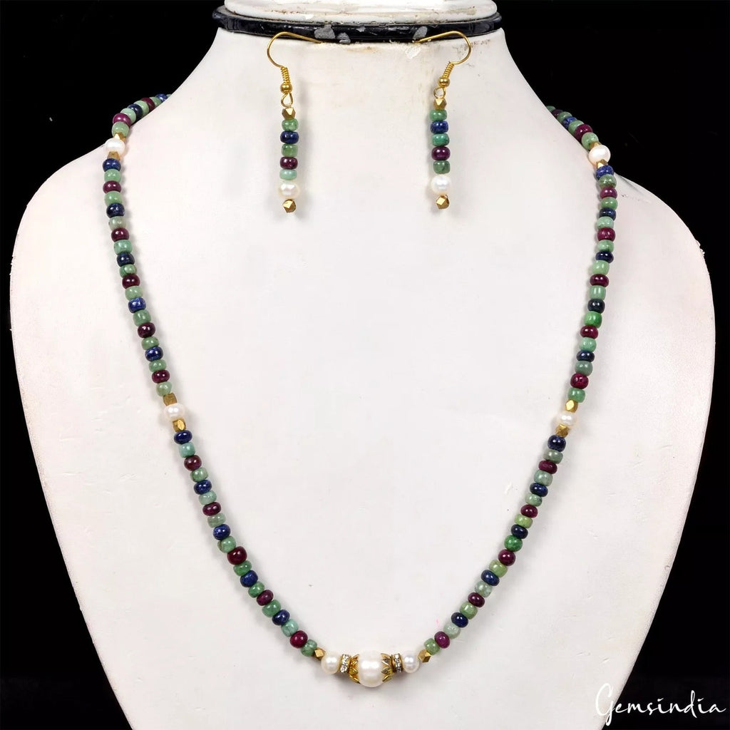 134.50 Cts Emerald Ruby Sapphire Gemstone Beaded Handmade Necklace with Earrings