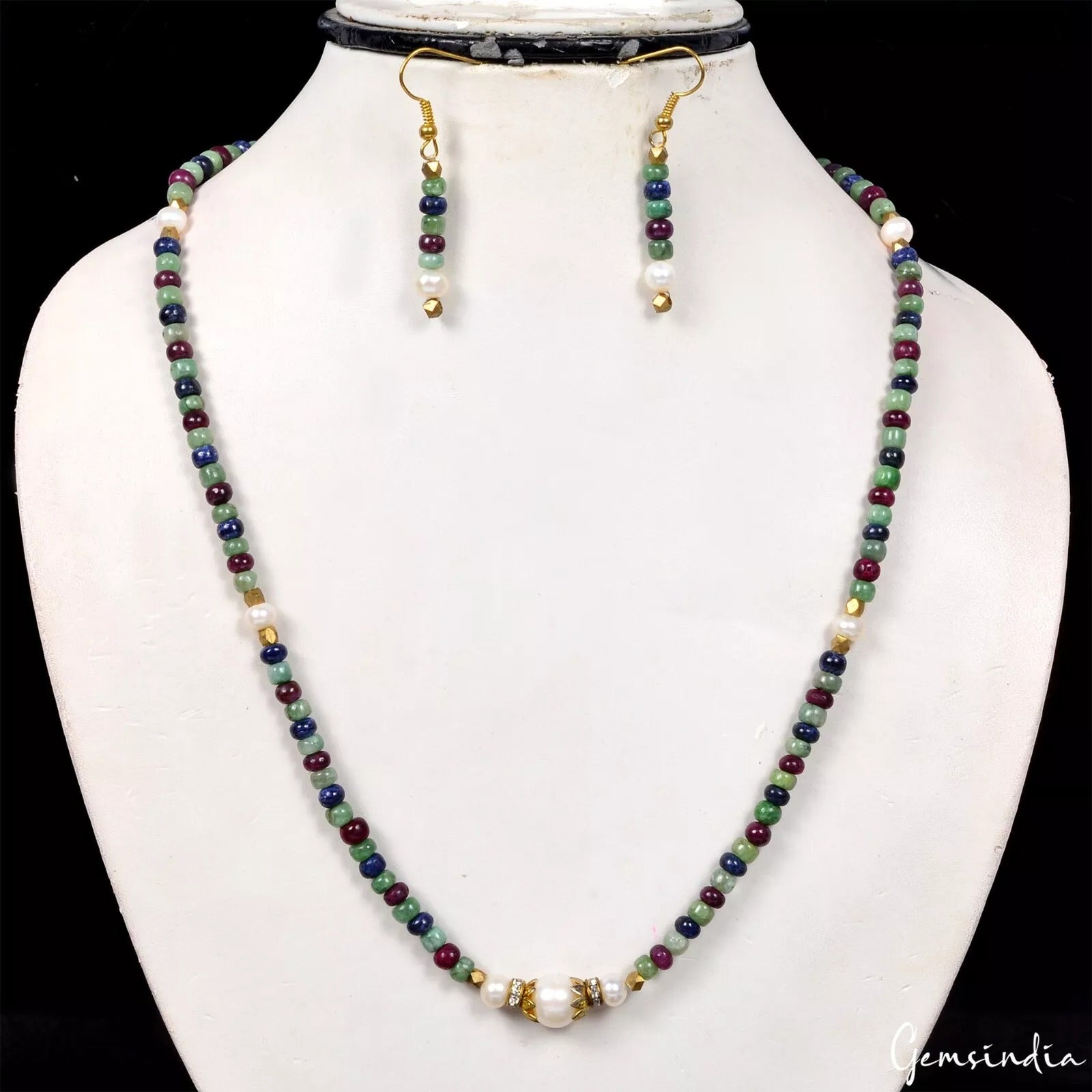 134.50 Cts Emerald Ruby Sapphire Gemstone Beaded Handmade Necklace with Earrings