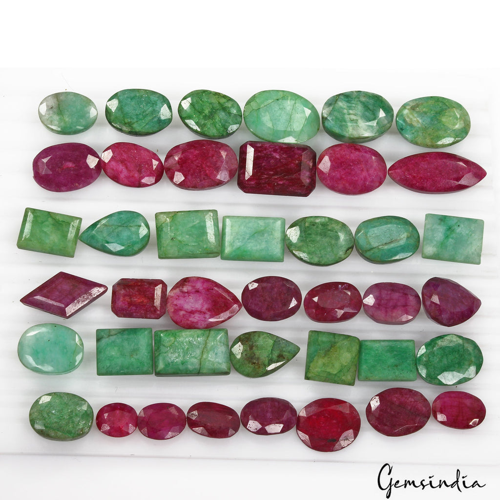 670 Cts/41 Pcs Natural Red Beryl Green Emerald Mixed Cut Loose Gems For Jewelry