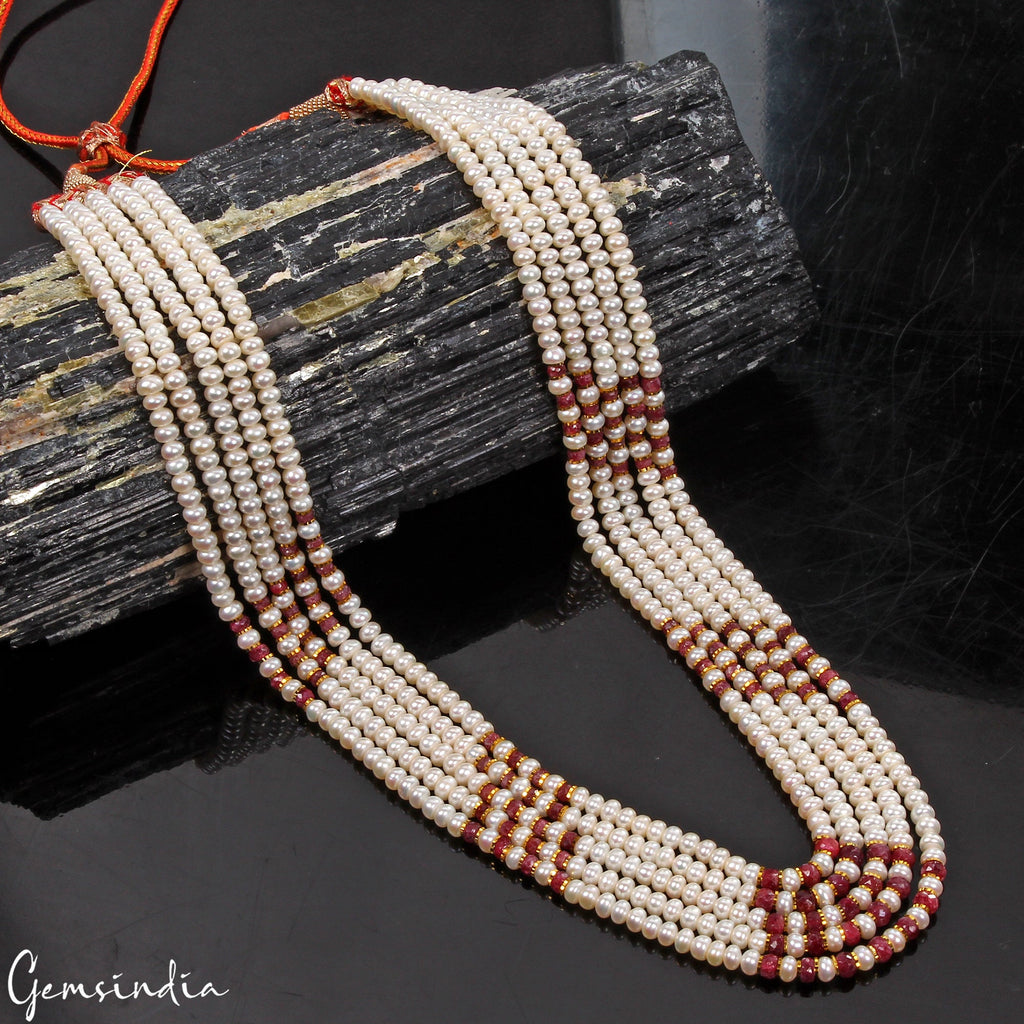 320 Ct Freshwater Pearl & Red Ruby Round Cab Beaded 5 strand Adjustable Necklace