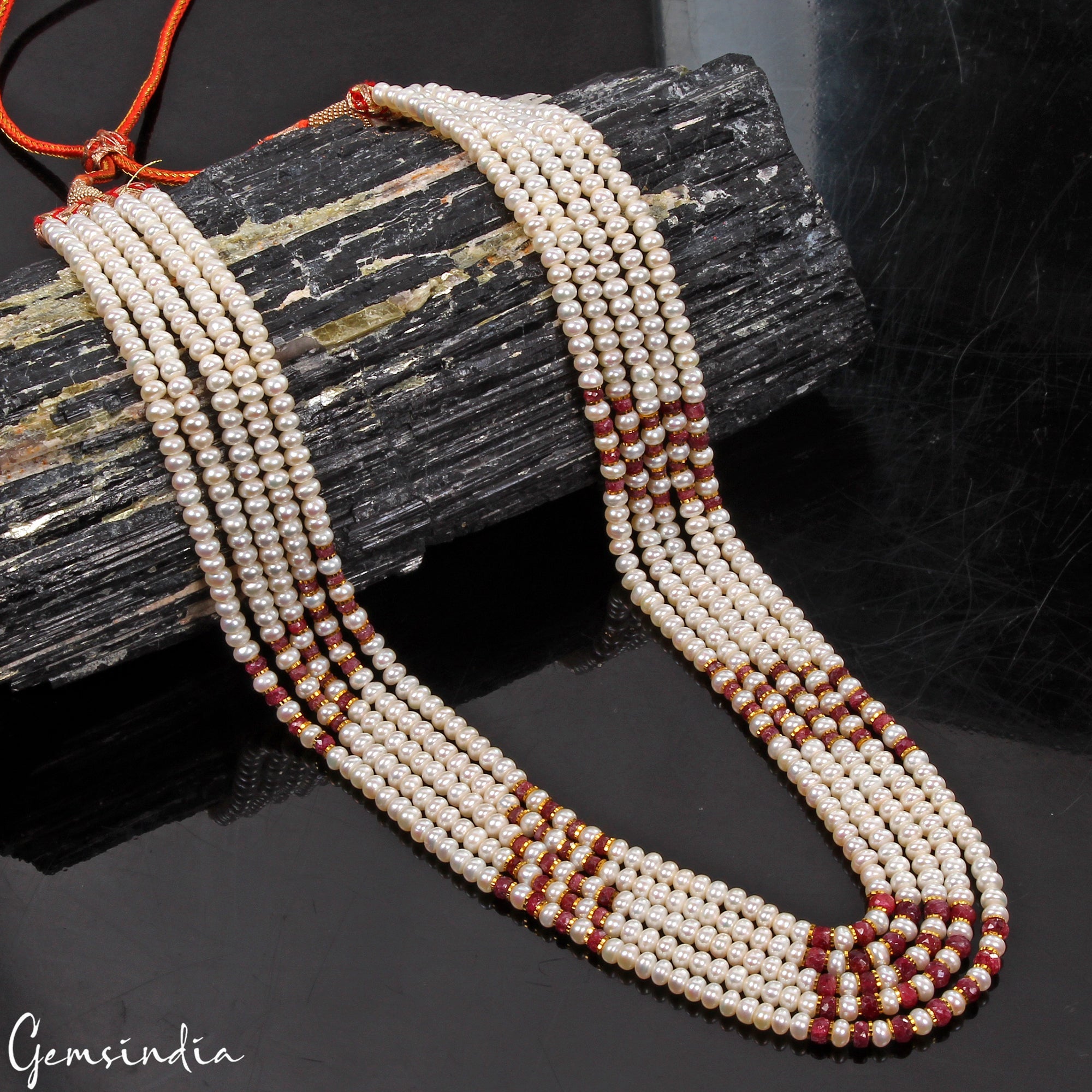 320 Ct Freshwater Pearl & Red Ruby Round Cab Beaded 5 strand Adjustable Necklace