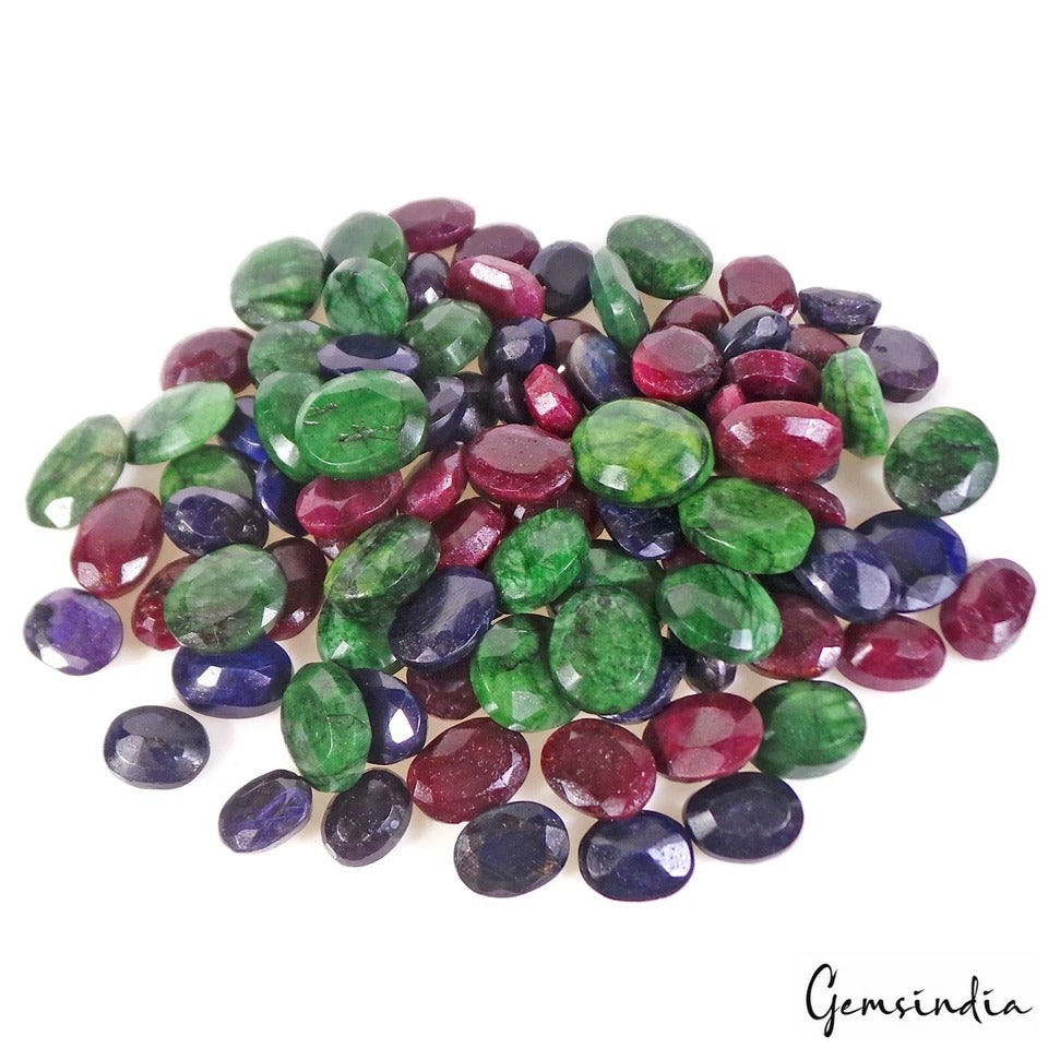 1300 Ct Natural Ruby Emerald Sapphire Mix Cut 12-20mm Loose Ring Size Gems~100Pc