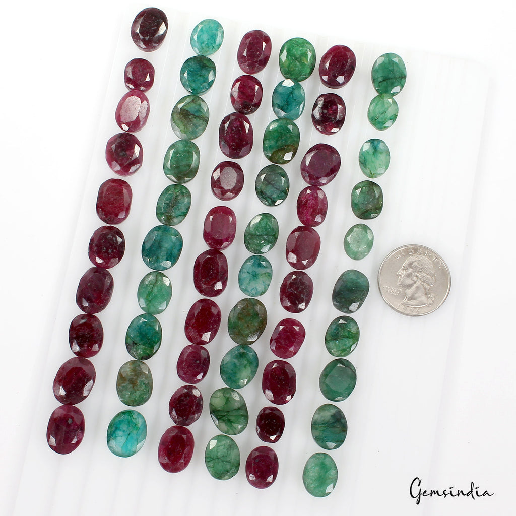 60 Pcs Natural Red Ruby Green Emerald Oval Cut 11-15mm Loose Ring Size Gemstones