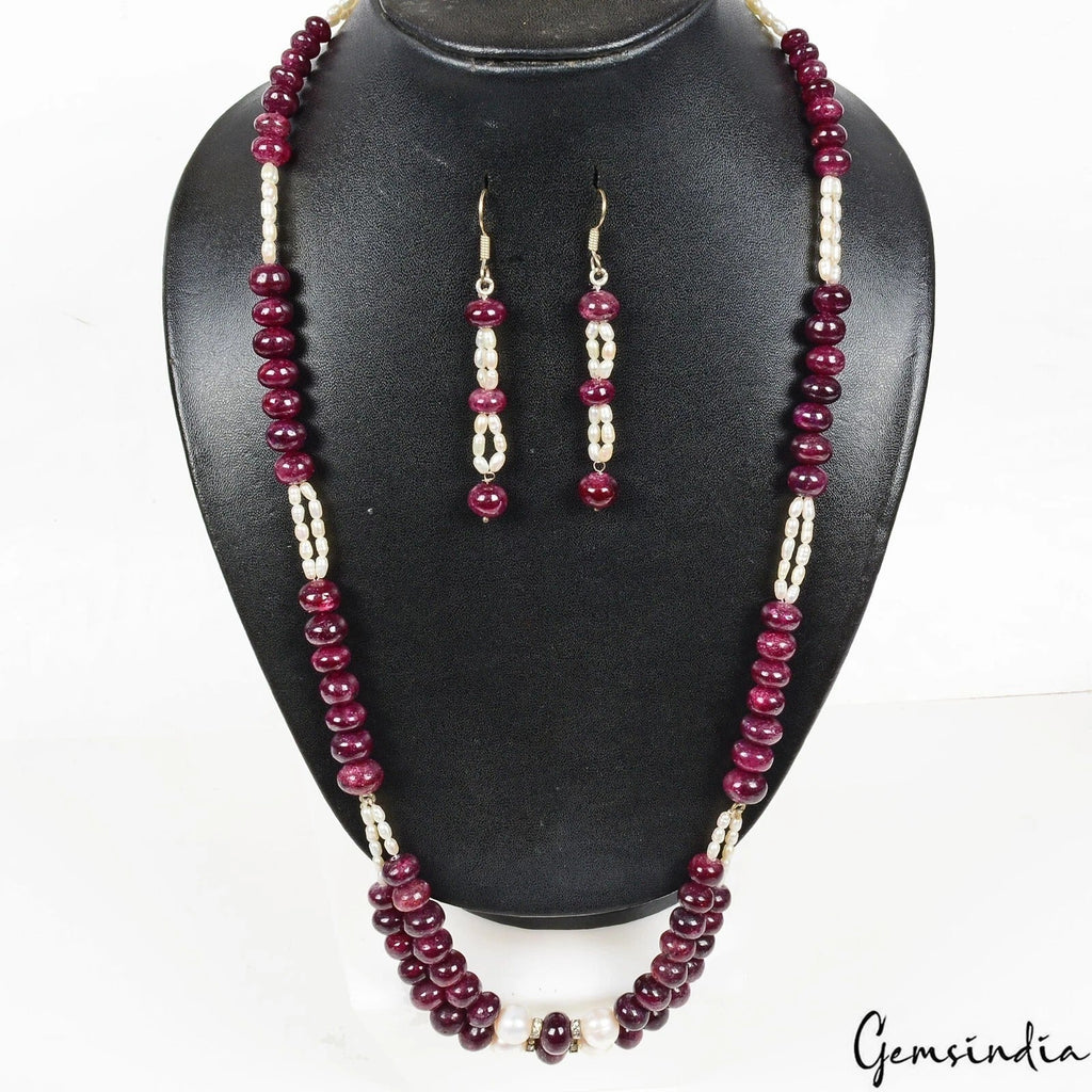 730 Cts Natural Red Ruby Freshwater Pearl Round Cab Beaded Handmade Jewelry Set