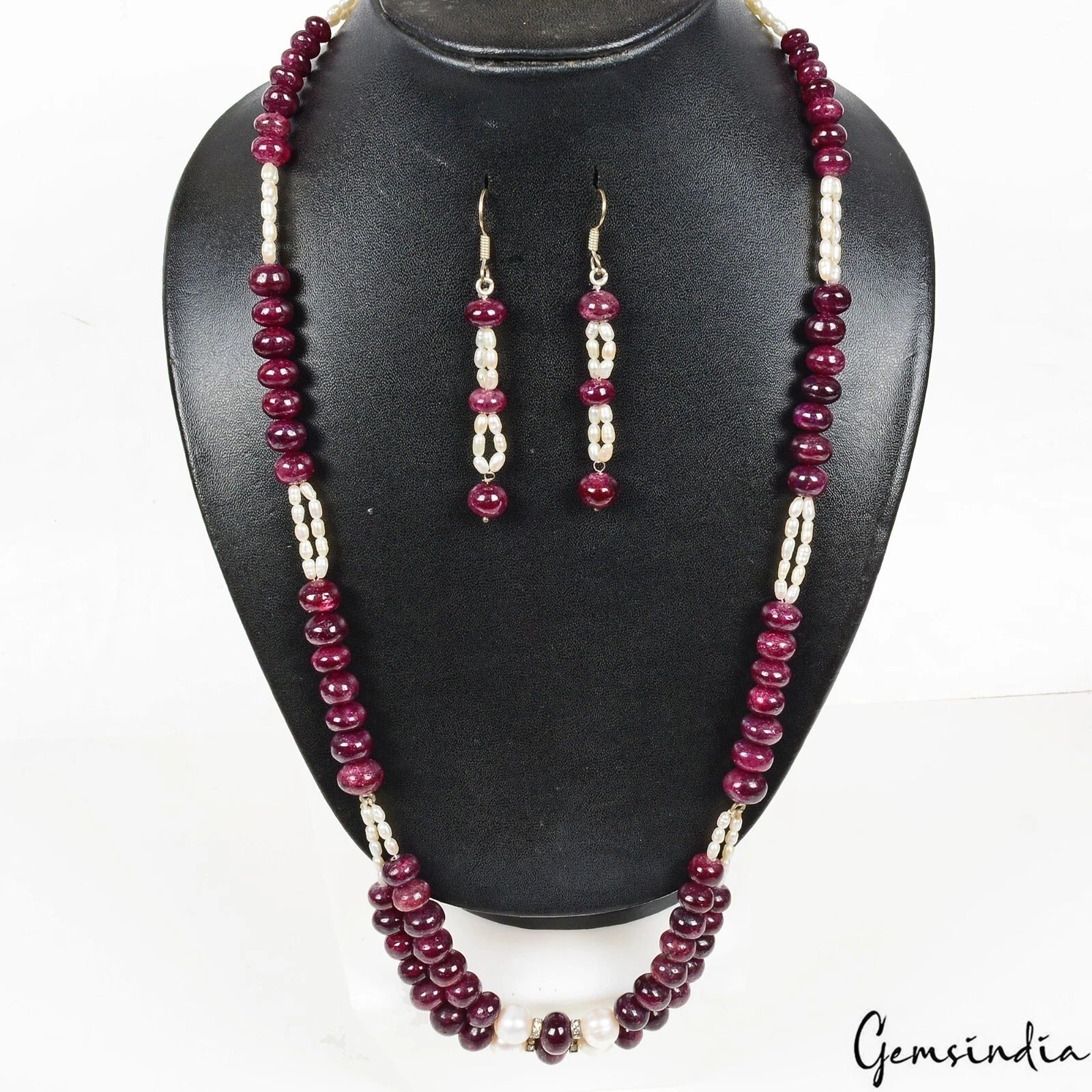 730 Cts Natural Red Ruby Freshwater Pearl Round Cab Beaded Handmade Jewelry Set
