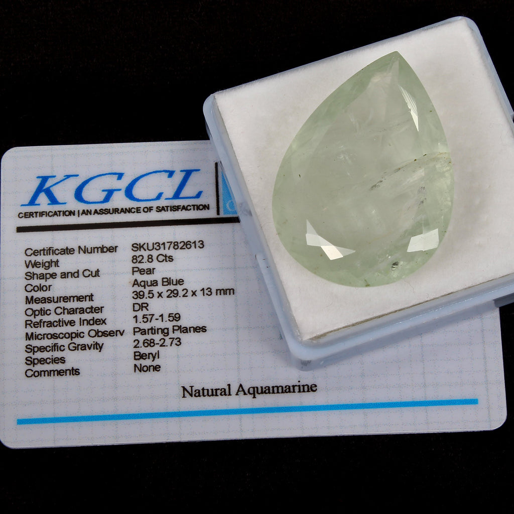 Certified 82.80 Cts Natural Unheated Aqua Green Aquamarine Pear Loose Gemstone