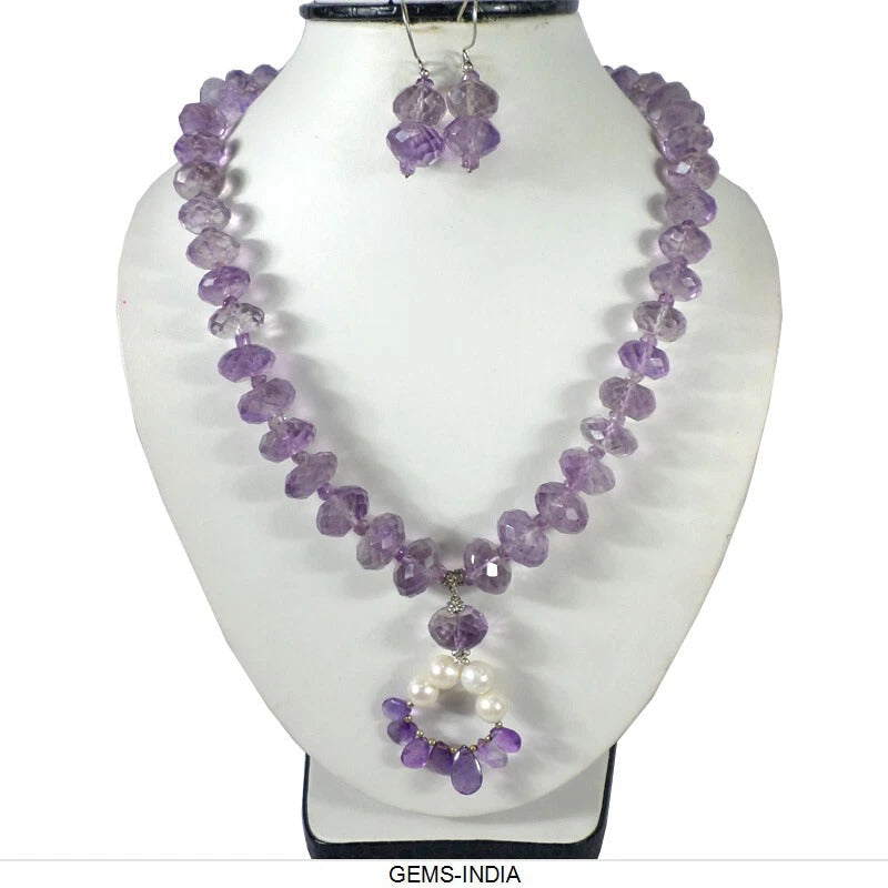 700 Cts Natural Purple Amethyst White Pearl Beaded Designer Handmade Jewelry Set