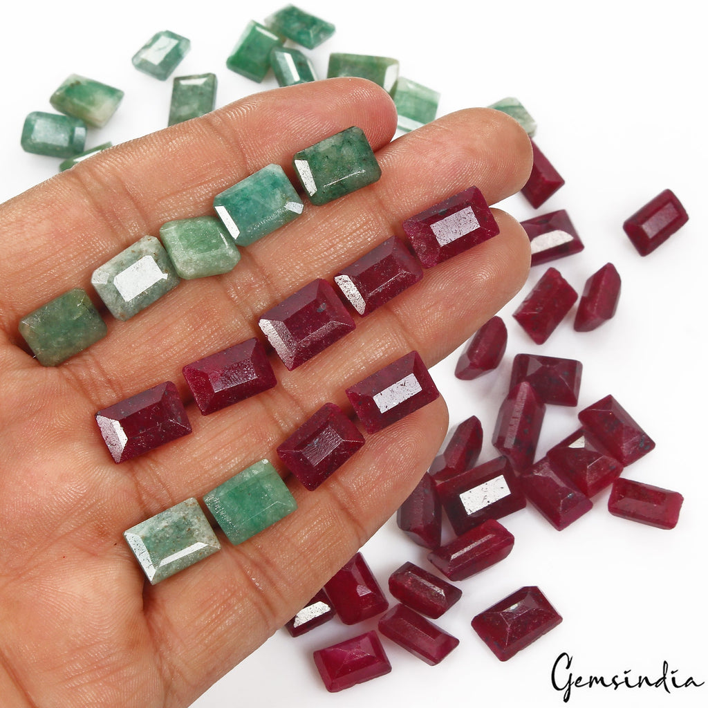 Certified 300 Ct/50 Pcs Natural Red Ruby Green Emerald Baguette Cut Loose Gems